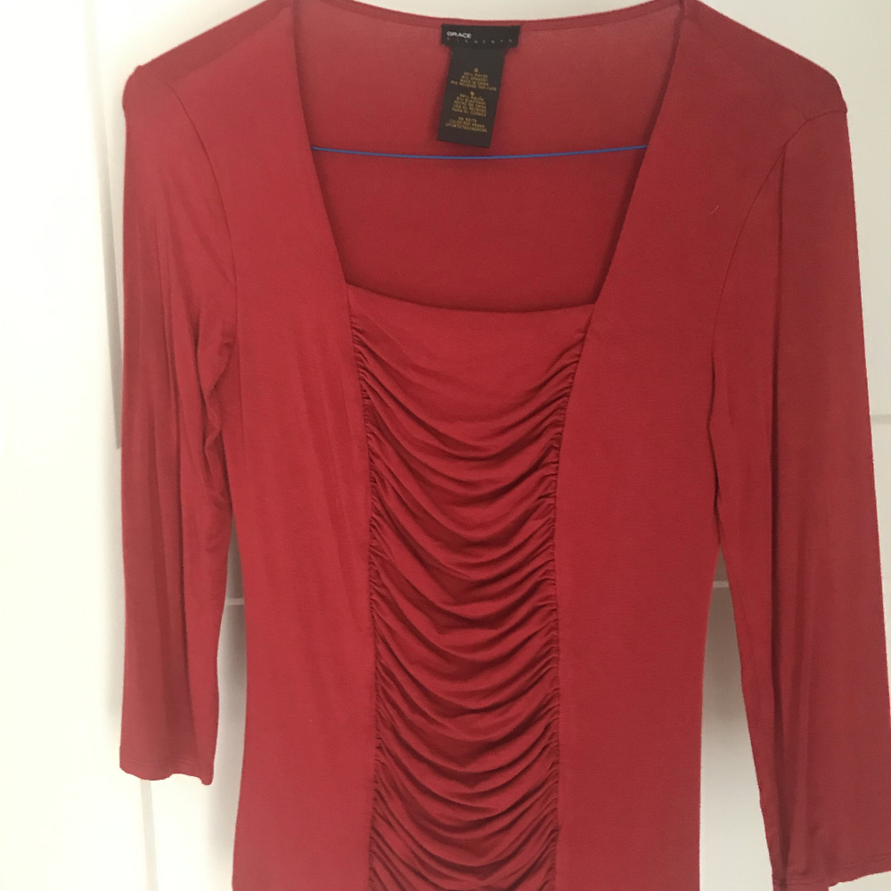 Red rushed front panel, long sleeve T-shirt